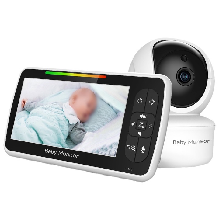 Monitor wireless HD pentru copii, tehnologie wireless de 2,4 GHz, trezire inteligenta, timp de asteptare lung, monitorizare a temperaturii; alarma de temperatura ridicata / scazuta, intercomunicatie bidirectionala fara intarziere