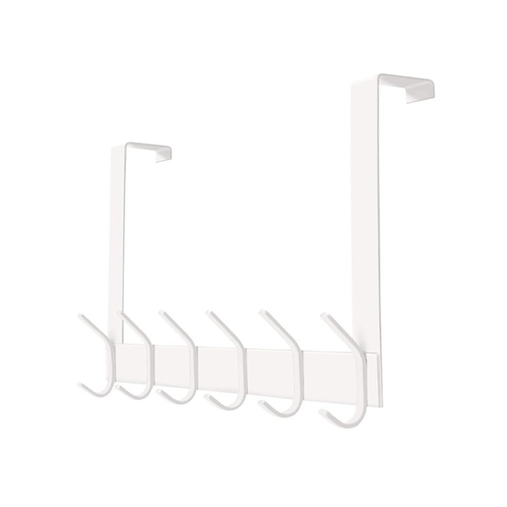 Cuier pentru haine, YUMORE, cu sistem de prindere de usa, din otel inoxidabil, cu 12 carlige, 40 cm, Alb