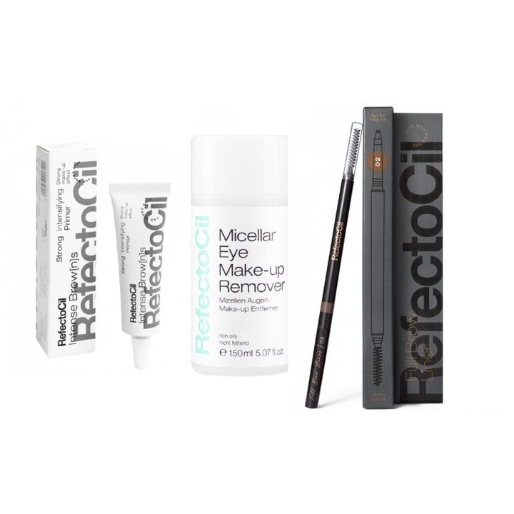 Set RefectoCil pentru Sprancene: Primer Intensifiant Medium 15ml + Creion de Sprancene Waterproof 03 Dark + Demachiant Micelar pentru Ochi 150ml - Pentru Sprancene Definite si Demachiere Eficienta