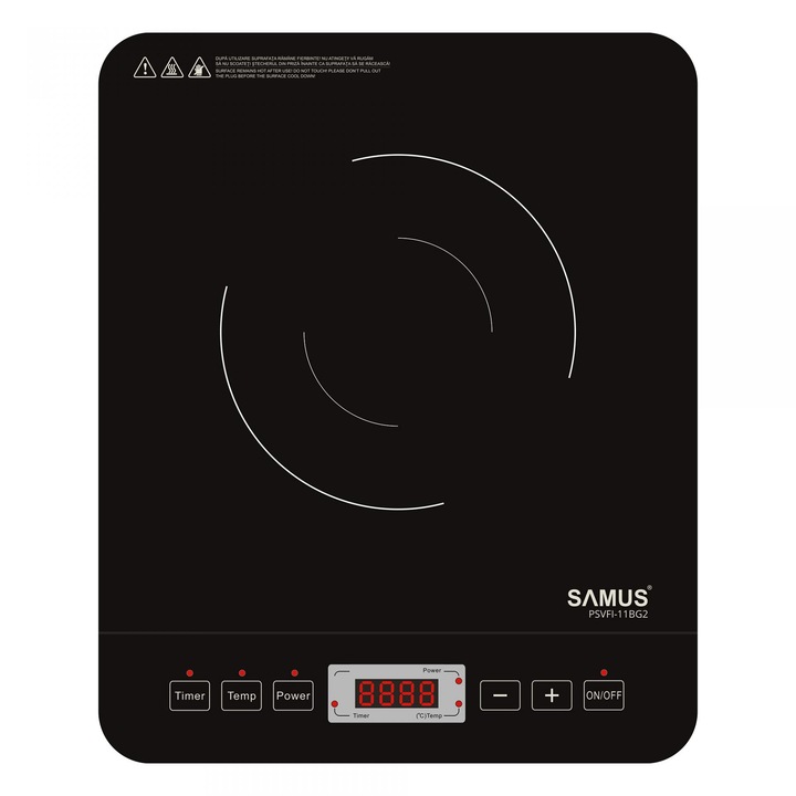 Plita electrica vitroceramica cu inductie Samus PSVFI-11BG2, 2000 W, Touch Control, Reglaj temperatura si putere in 8 trepte, Temporizator, Afisaj electronic, Negru