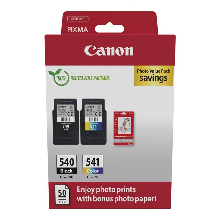 Canon PG-540 és CL-541 tintapatron csomag + 50 lap 10x15 nagyságú GP501 fényes fotópapír