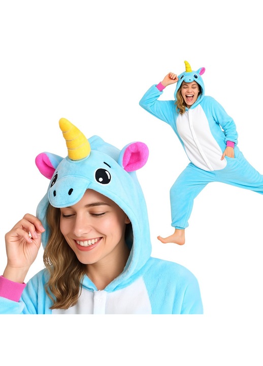 Kigurumi Onesie, Unicorn Albastru/Alb