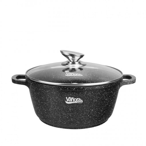 Cratita aluminiu turnat cu capac din sticla, dimensiune 20x8.5 cm, capacitate 2.6 l, interior cu acoperire ceramica, Neagra