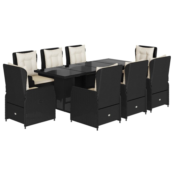 Set mobilier de gradina cu perne vidaXL, 9 piese, negru, poliratan, 46.19 kg