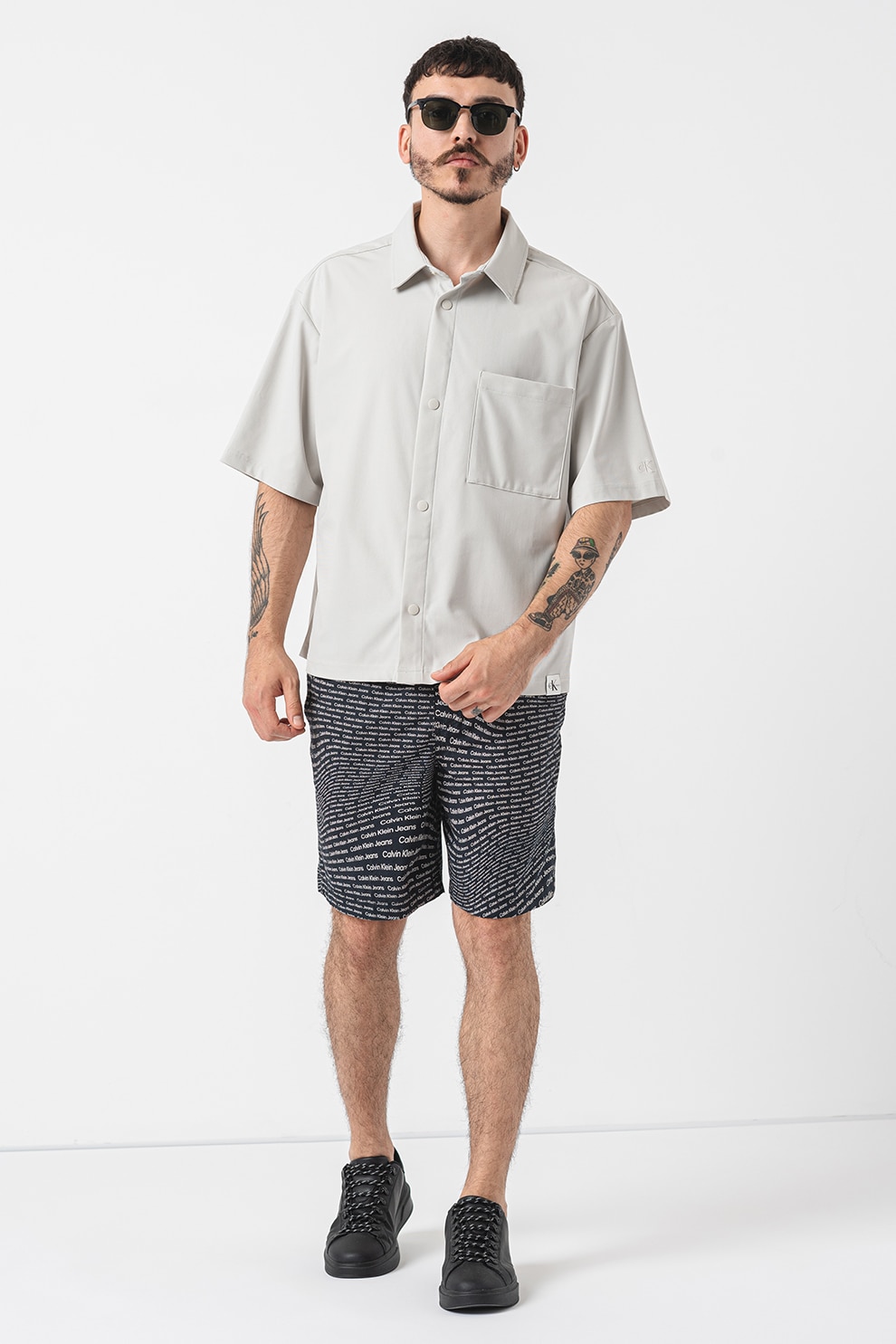 CALVIN KLEIN JEANS, Camasa relaxed fit cu capse, Gri deschis, L