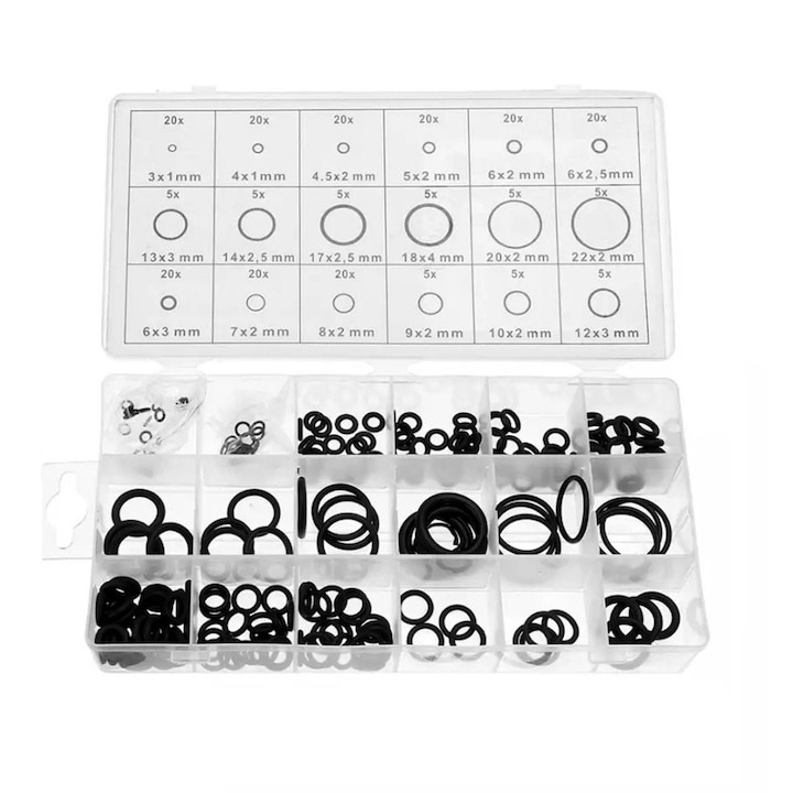 Set garnituri oringuri, 225 bucati, din cauciuc, 18 dimensiuni diferite, carcasa inclusa, negre, Dactylion®