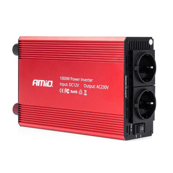 Invertor auto AMiO PI05, 12V-230V, 1000W-2000W, 3 prize, protectie multipla