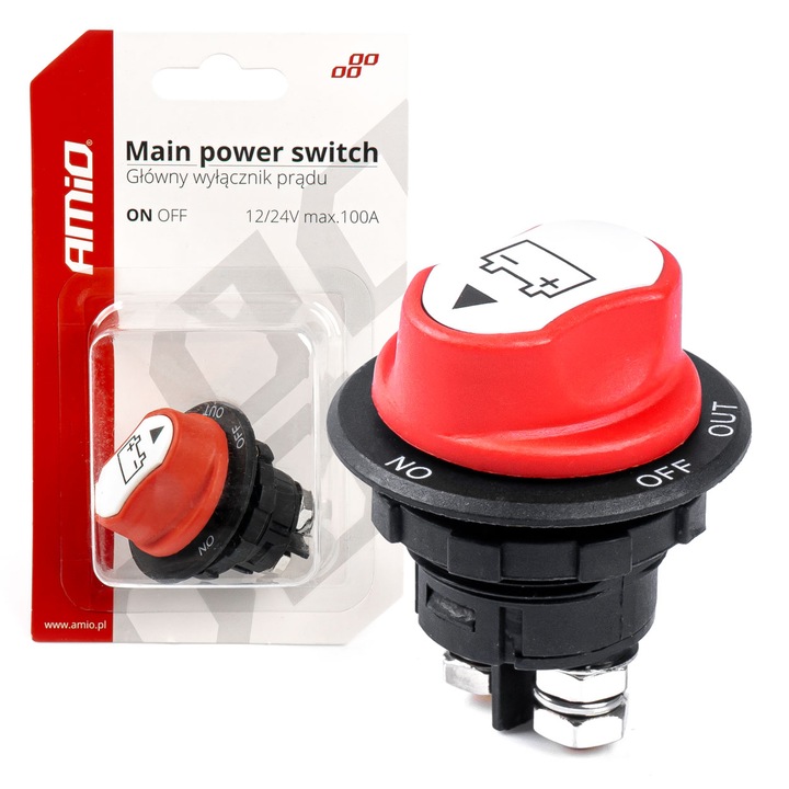 Autó akkumulátor leválasztó kapcsoló AMIO, 12-32V max100A, 29x45x55mm, készlet 1 db