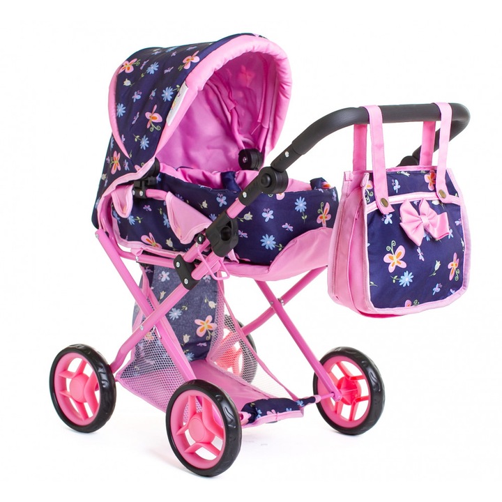Carucior pliabil pentru papusi Doris Butterfly 2in1 cu maner si copertina reglabile, saltea de infasat, landou portabil cu manere, gentuta accesorii, roti din spuma eva, cos accesorii, dimensiune 74x36x70 cm
