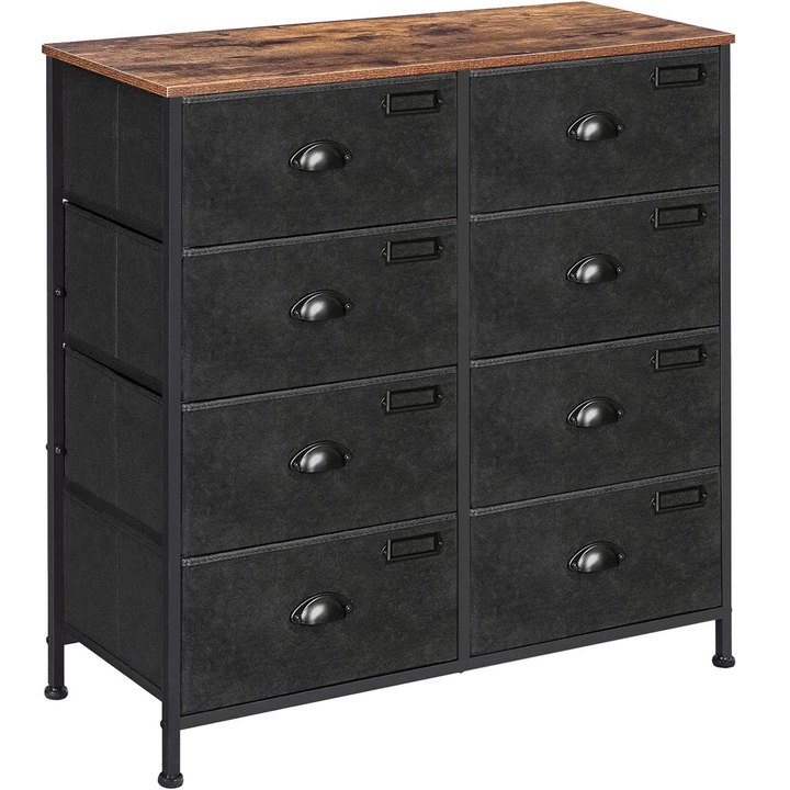 Comoda cu cadru metalic si 8 sertare din textil, stil industrial, 80x30x82cm, maro rustic si negru