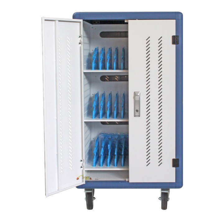 Carucior de incarcare Techly I-CABINET-30DTY pentru 30 de smartphone-uri, alb/albastru