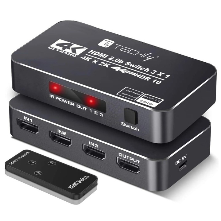 Switch HDMI cu telecomanda, 3 porturi, 3 intrari - 1 iesire, V2.0b, 4Kx2K@60Hz, HDR, HDCP2.2, Techly, IDATA HDMI2-4K3160B