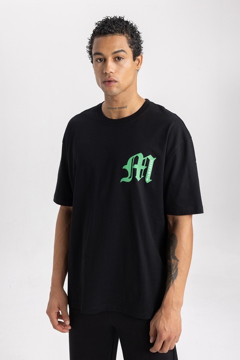 DeFacto, Tricou cu imprimeu pe spate, Negru/Verde menta