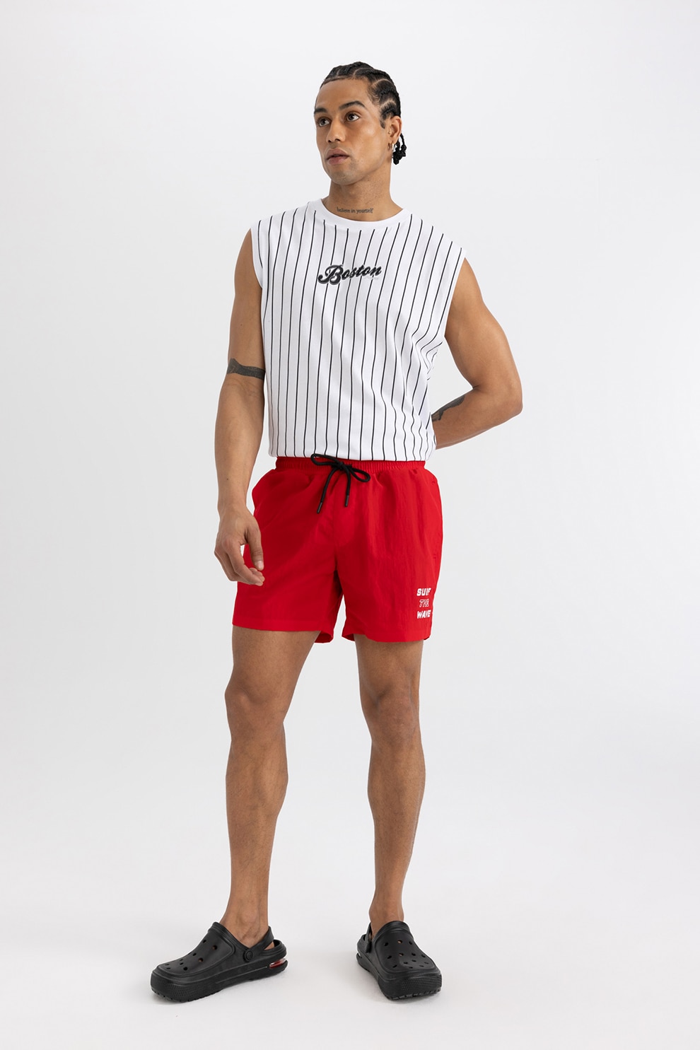 DeFacto, Pantaloni scurti de baie cu talie ajustabila, Alb