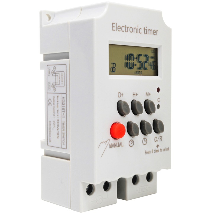 Цифров седмичен програматор Retoo KG316T-II за DIN шина, LCD екран, 25A, 220V, Таймер, Превключвател, Програмируем интервал от 1 минута, 18 програми