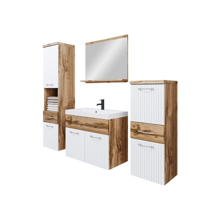 Set mobilier baie Lumia MDF, MIRJAN24, cu Chiuveta si Sifon, alb lamele + stejar wotan, 35x60x52cm