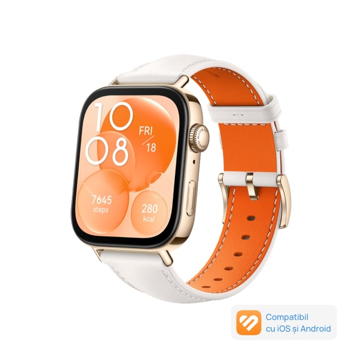 Smartwatch Huawei Watch Fit 3, Gold Body, White Leather Strap