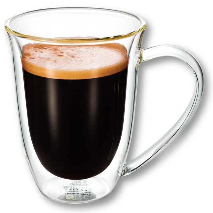 Cana termo sticla transparente, perete dublu, 250 ml, ceasca pentru cafea, ceai, cappuccino, Thermoglass, Wilmax England