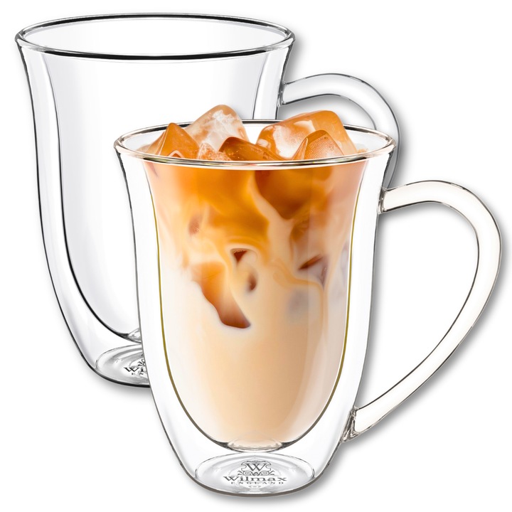 Set cani termo sticla transparente, perete dublu, 2 x 300 ml, Ceasca pentru cafea, ceai, cappuccino, pahar, Thermoglass, Wilmax England