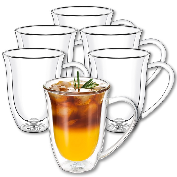 Set Cani termo sticla transparente, 400 ml, 6 piese, cesti pentru cafea, ceai, cappuccino, Thermoglass, Wilmax England