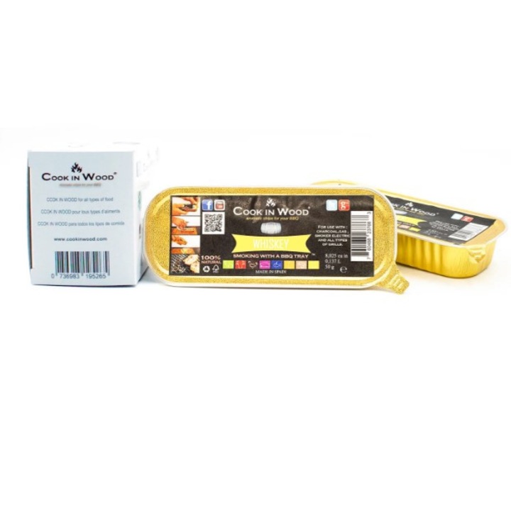 Set 3 cutiute aluminiu cu aschii pentru afumare, lemn stejar, infuzate cu arome de coniac, vin rosu si whisky, 3x50 grame