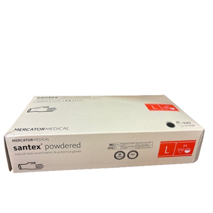 Cutie 100 bucati manusi latex pudrate nesterile albe L - Santex Powdered