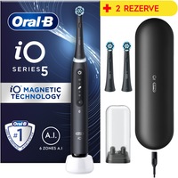 Periuta de dinti electrica Oral-B iO5 cu Tehnologie Magnetica si Micro-Vibratii, Inteligenta artificiala, Display conversational, Senzor de presiune Smart, 5 moduri, 1 capat, Trusa de calatorie, Negru + 2 capete de periaj