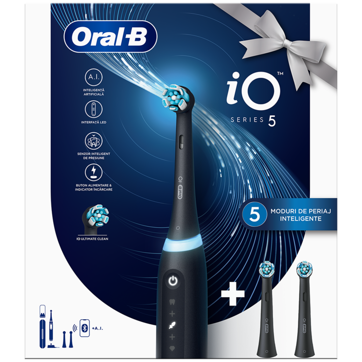 Periuta de dinti electrica Oral-B iO5 cu Tehnologie Magnetica si Micro-Vibratii 80812238, Inteligenta artificiala, Display conversational, Senzor de presiune Smart, 5 moduri, 1 capat, Trusa de calatorie, Negru + 2 capete de periaj