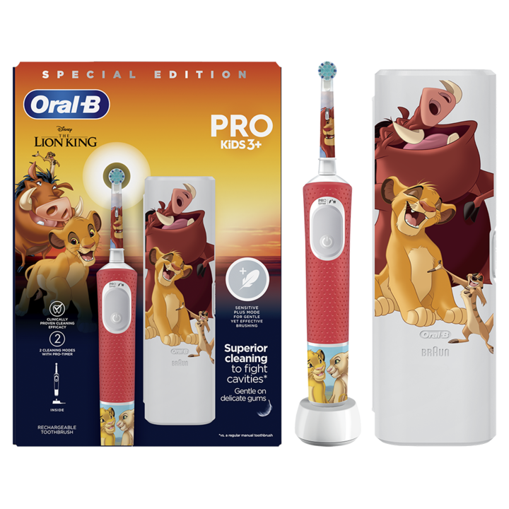 Periuta de dinti electrica Oral-B Pro Kids Lion King pentru copii 80775003, Curatare 2D, 2 programe, 1 capat, 4 autocolante, trusa de calatorie, Rosu
