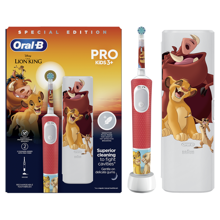 Детска електрическа четка за зъби Oral-B Pro Kids Lion King 80775003, 2D почистване, 2 програми, 1 глава, 4 стикера, Комплект за пътуване, Червен