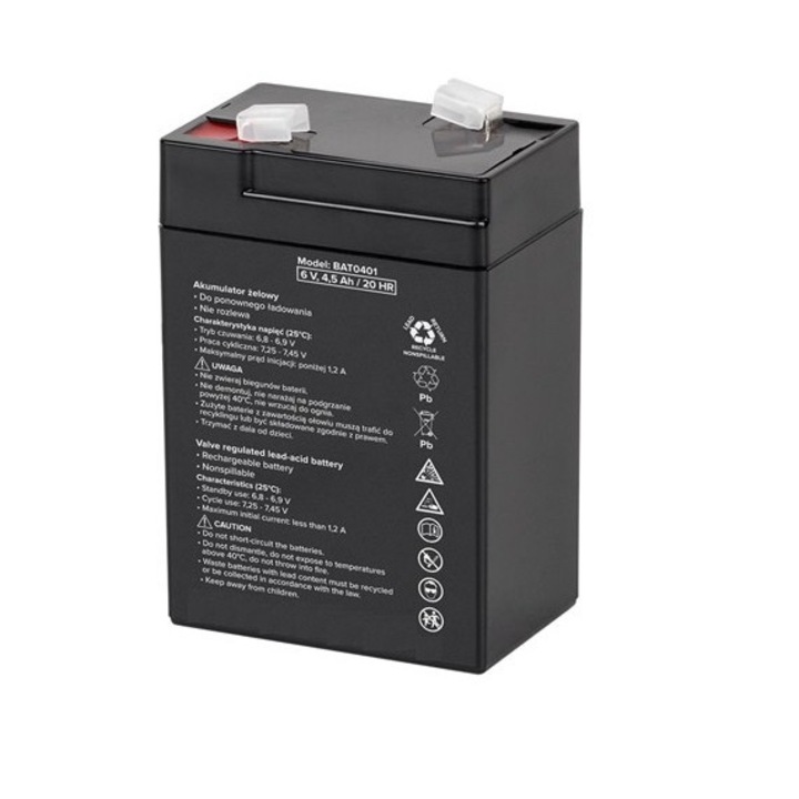 Ólomgél akkumulátor 6 V, 4,5 Ah, karbantartást nem igénylő, álló, méretek 70x48x100 mm, Miromoto®