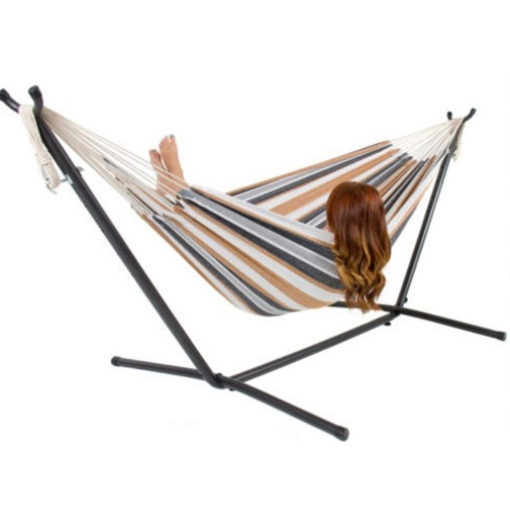 Двоен къмпинг хамак, градински, с метална опора, 340 гр./м2, многоцветен, 260x110x107 см