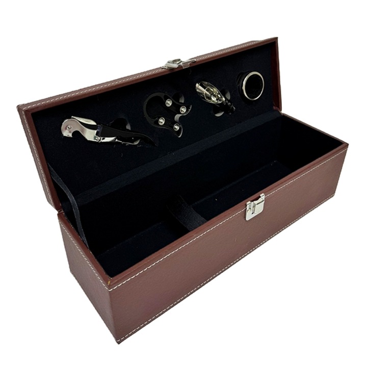 Cutie pentru vin imbracata in piele ecologica, cu 4 accesorii pentru vin, Maro, Velve