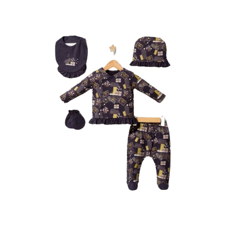 Set de 5 piese pentru nou nascut Fun Penguin, Tongs baby, Gri, 0-3 luni