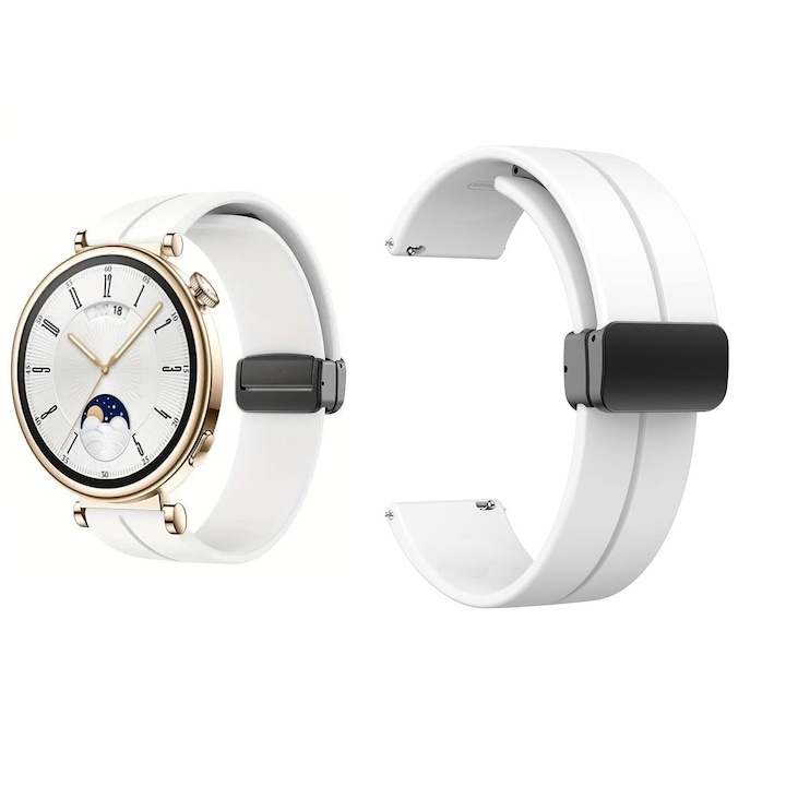 Силиконова каишка Smart Pulse Premium с магнитно закопчаване за Huawei Watch GT4 41 mm, Huawei Watch GT 5 41mm, Garmin Vivoactive 4S, Venu 2S, 3S, Casio, Fosil, 18 mm, Бяла