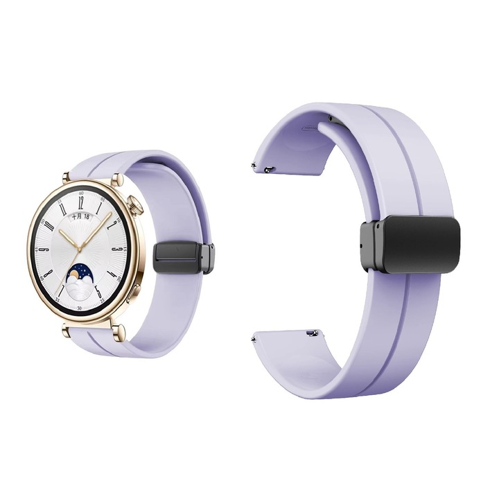 Силиконова каишка Smart Pulse Premium с магнитно закопчаване за Huawei Watch GT 4 41 mm, For Huawei Watch GT 5 41mm, Garmin Vivoactive 4S, Venu 2S, 3S, Casio, Fosil, 18 mm, Лилава