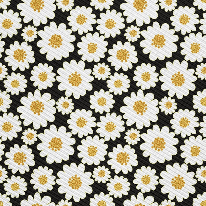 Textil anyag, Százszorszép feketén, Poliészter 100%, 210g/pm, Méret: 100cm x 155cm, DX422