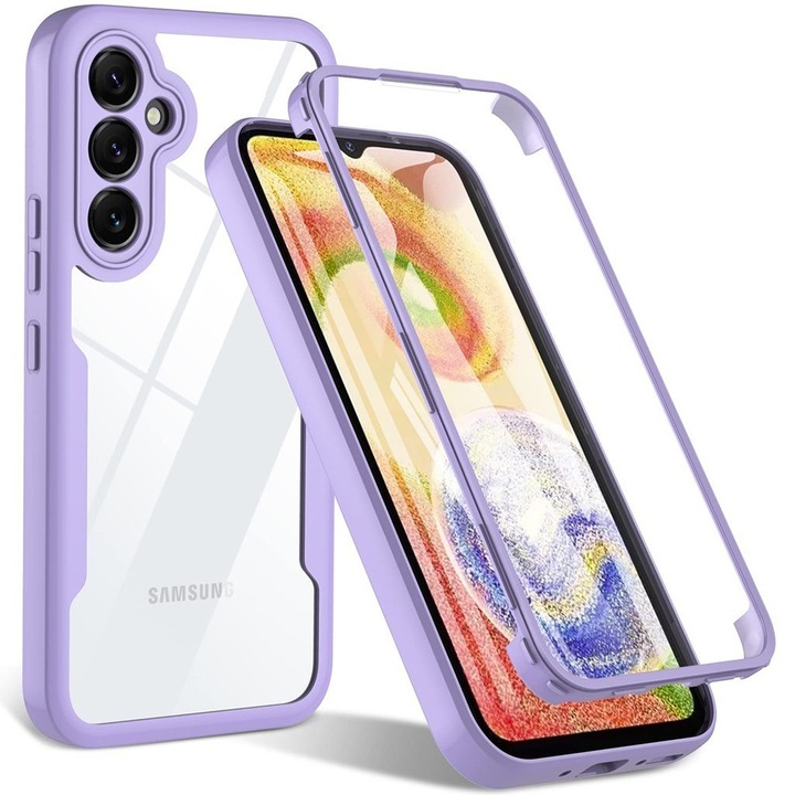 Комплект цветно покритие UIQ и фолио за екран за Samsung Galaxy S24 Plus, пластмасово фолио, гумирани ръбове, устойчиво на надраскване, лилаво