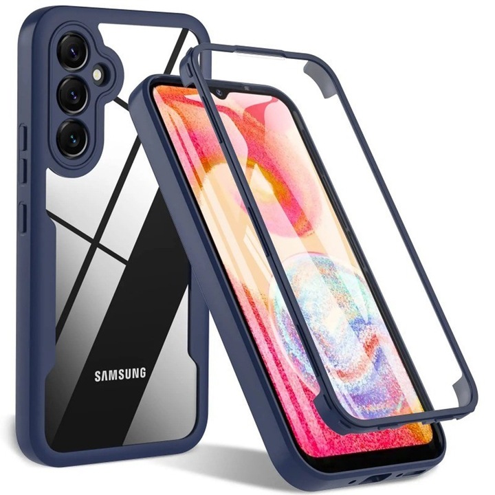 UIQ цветен капак и комплект фолио за екран за Samsung Galaxy S24 Plus, пластмасово фолио, гумирани ръбове, устойчив на надраскване, син