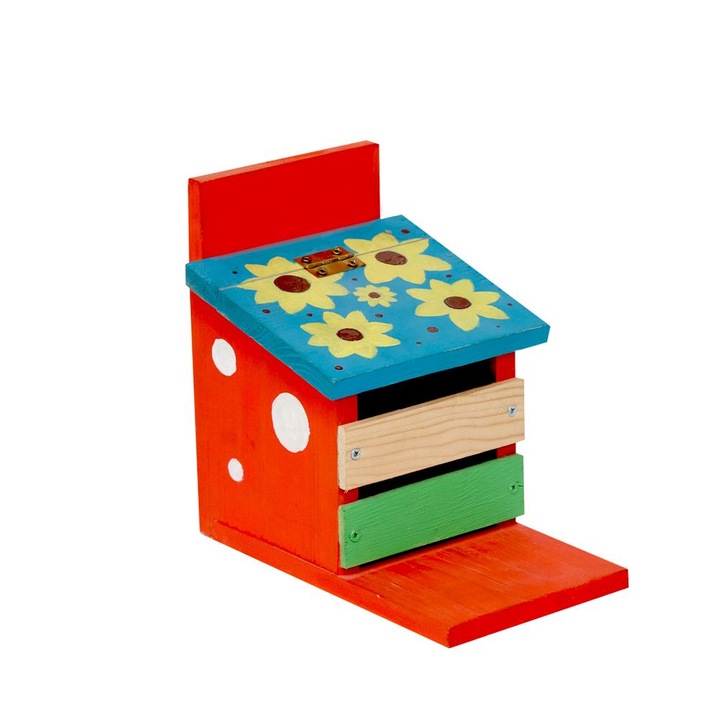 Set de artizanat Hranitor pentru veverite ITA Home & Garden BushyBite, Pentru asamblare si vopsire, Complet cu cuie, Perii, Vopsele si ciocan mic, Lemn natural, 11x19x18, 5cm, Natural