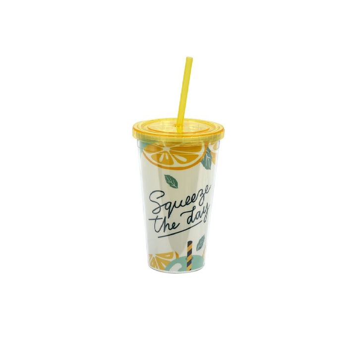 Пластмасова чаша, с капак и сламка, Squeeze the Day, жълта, 500 мл