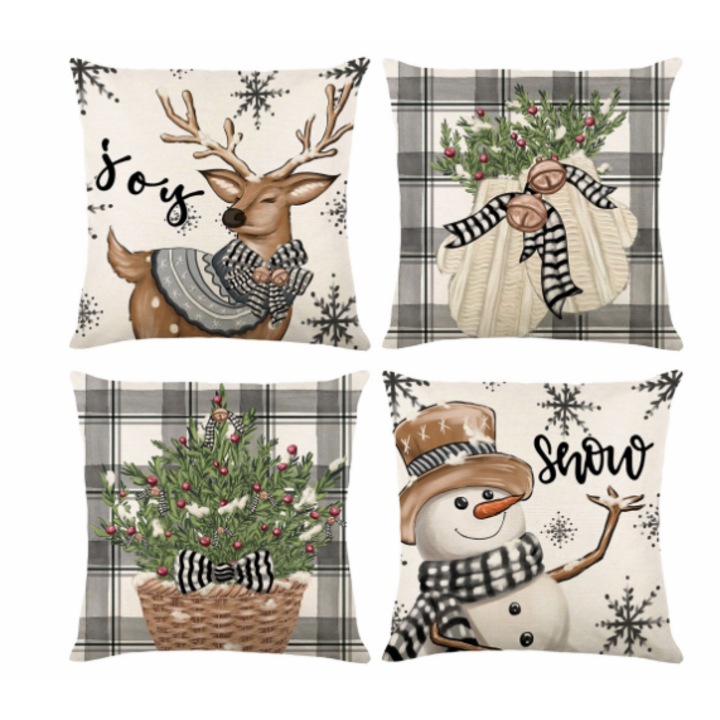 Decoratiuni festive de Craciun, huse de perna unice din in, imprimate pe doua fete, pentru sezonul dvs. de sarbatori, ridicati-va casa cu material de in moale si prietenos cu pielea (set de 4)