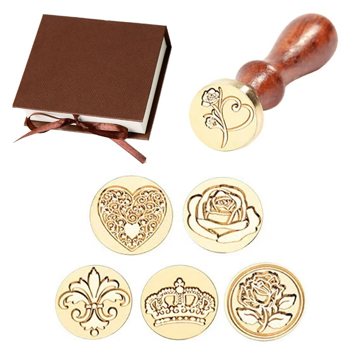 Set de stampile din alama, FreeBiz, 6 capete din alama si 1 tija din lemn, rozeta si coroana si inima