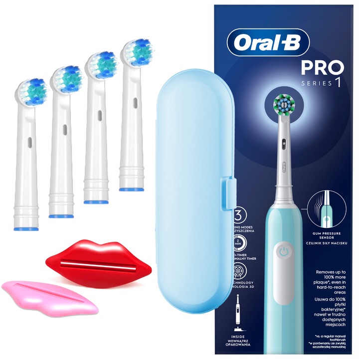 Elektromos fogkefe készlet, Oral-B, Pro Series 1, kék, 4 további fej (cserélhető), 2 fogkrém kinyomó, utazótáska