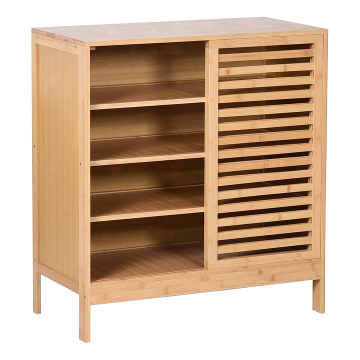 Dulap pentru pantofi, 4 rafturi, bambus lacuit, usa glisanta, practica, design natural, hol, living, 80x40x88 cm, Bortis
