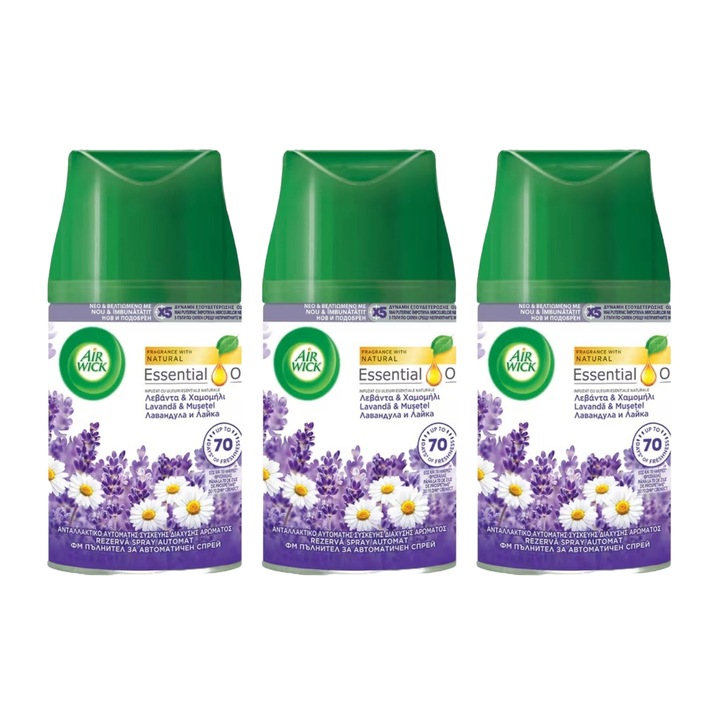 3 db-os Airwick légfrissítő tartalék 250 ml levendula és kamilla készlet, pihentető aroma, kellemetlen szagok semlegesítése, tartósság és hatékonyság, könnyen használható, különféle helyekre alkalmas, gazdaságos csomagolás