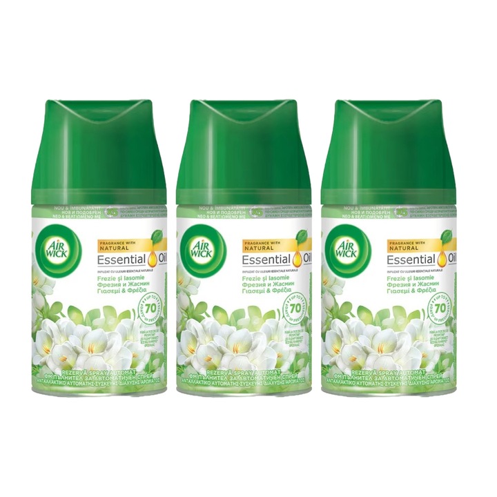 3 db-os Airwick légfrissítő tartalék 250 ml-es frézia jázmin készlet, pihentető aroma, kellemetlen szagok semlegesítése, tartósság és hatékonyság, könnyen használható, különféle helyekre alkalmas, gazdaságos csomagolás