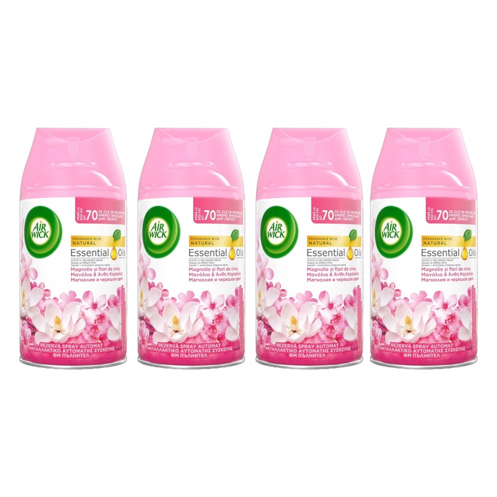 4 db-os Airwick Freshener Reserve 250ml Magnolia készlet, pihentető aroma, kellemetlen szagok semlegesítése, tartósság és hatékonyság, könnyen használható, különféle helyekre alkalmas, gazdaságos csomagolás