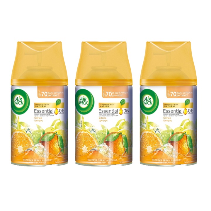 Set 3 x Airwick Odorizant Rezerva 250ml Sparkling Citrus, aroma relaxanta, neutralizarea mirosurilor neplacute, durabilitate si eficienta, usor de utilizat, potrivit pentru diverse spatii, ambalaj economic