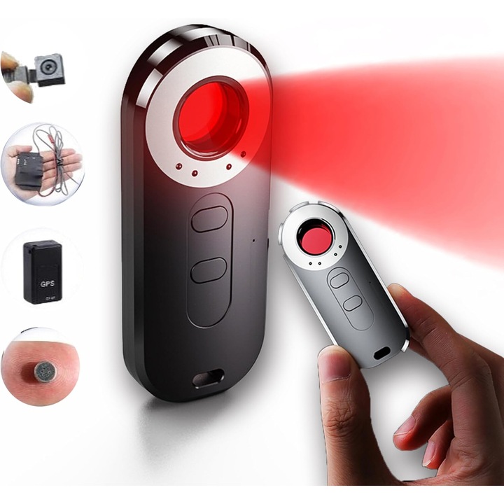 Detector aparate spionaj, Latauar, detecteaza camere ascunse, microfoane, localizatoare GPS, reportofoane, portabil, anti-spy, negru